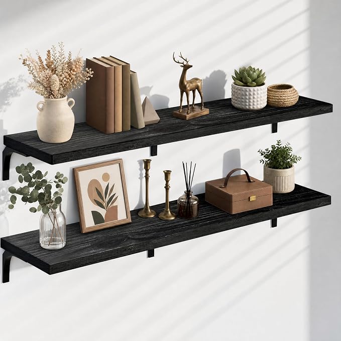 12 Inch Deep Floating Shelves Set of 2, 60 Inch Extra Wide Black Solid Wood Wall Shelves, 5ft Heavy Duty Farmhouse Wall Mounted Shelving for Kitchen, Living Room & Bedroom