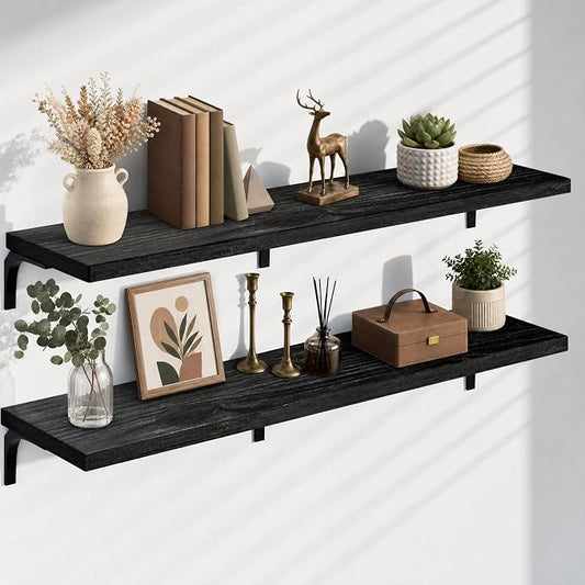 12 Inch Deep Floating Shelves Set of 2, 60 Inch Extra Wide Black Solid Wood Wall Shelves, 5ft Heavy Duty Farmhouse Wall Mounted Shelving for Kitchen, Living Room & Bedroom