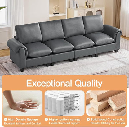 118" Faux Leather Modular Sectional Upholstered Sofa, Oversized 4 Seater Couch with Curved Armrests, Cloud Modern Upholstered Deep Seat Sofa for Living Room, Grey