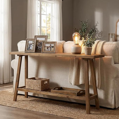 HOKYHOKY Reclaimed Solid Wood Console Table, 59" Long Farmhouse Entryway Tables, Rectangular Couch Table Behind Sofa, 2 Tiers Accent Tables for Hallway, Entrance, Foyer, Living Room