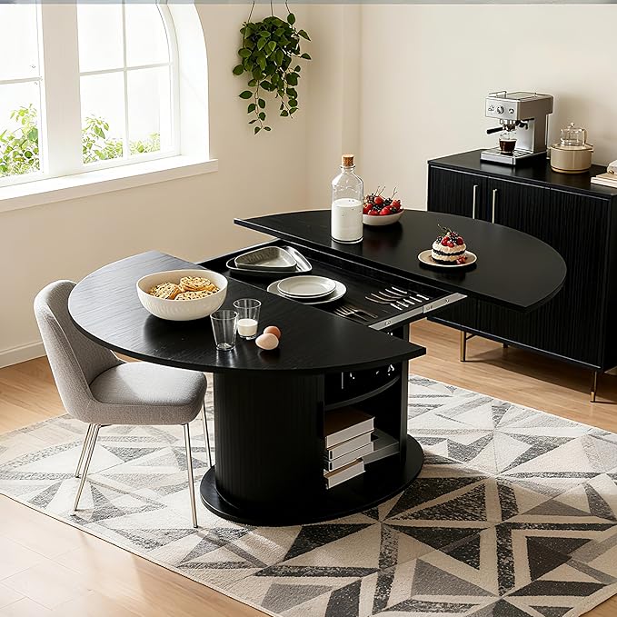 Wildhome Extendable Round Dining Table for 2-4-6, 63 Inch Dining Room Kitchen Table with 2-Tier Storage Shelf, Modern Farmhouse Fluted Wood Slide Door Dinner Furniture,Oval Circle,Black-63 Inch