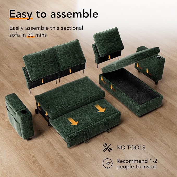 Vipbear Sectional Sleeper Sofa with Pull Out Bed, 82" L Shaped Couch Sleeper Sofa with Reclining Backrest/Reversible Storage Chaise/Armrest Storage/Cup Holder/Side Pocket, Tool-Free Assembly, Green
