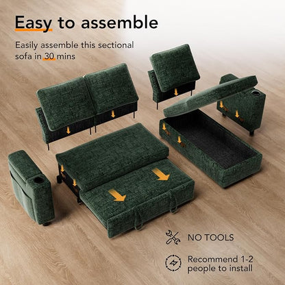 Vipbear Sectional Sleeper Sofa with Pull Out Bed, 82" L Shaped Couch Sleeper Sofa with Reclining Backrest/Reversible Storage Chaise/Armrest Storage/Cup Holder/Side Pocket, Tool-Free Assembly, Green