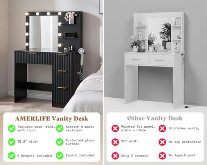 AMERLIFE 36.2" Fluted Vanity Desk with Mirror and Adjustable LED Lights, Large 4 Drawers Makeup Vanity Table with Glass Top and Charging Station for Women and Girls, Bedroom or Dorm, Black