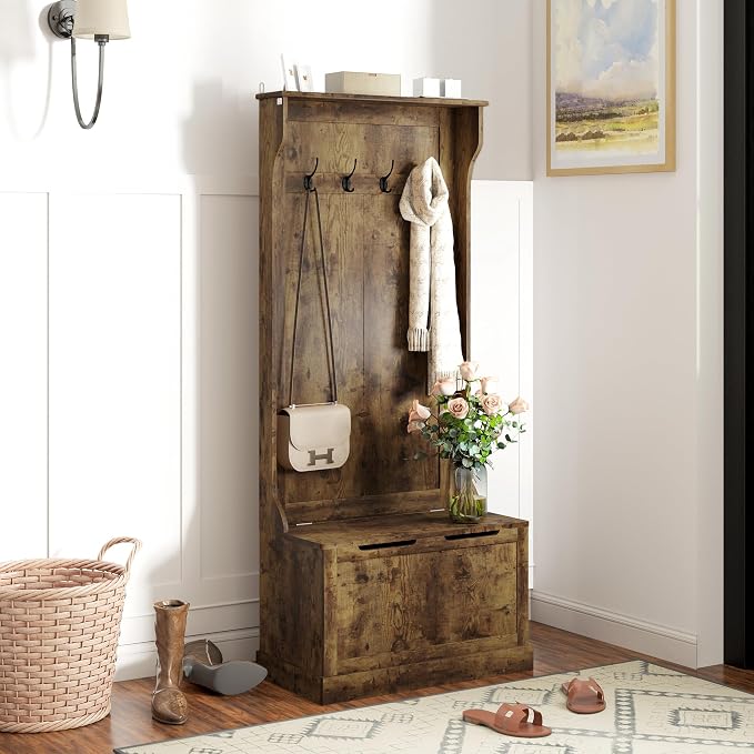 HOMCOM Hall Tree with Bench and Shoe Storage, 3-In-1 Entryway Bench with Coat Rack, 4 Hooks and Flip Top Storage Compartment, Rustic Brown