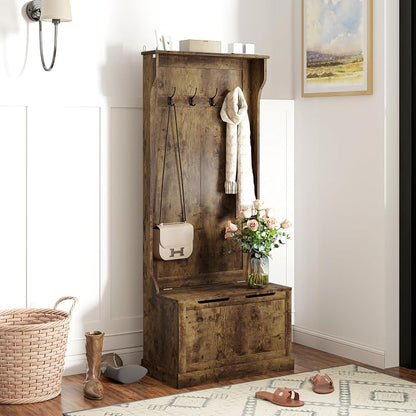 HOMCOM Hall Tree with Bench and Shoe Storage, 3-In-1 Entryway Bench with Coat Rack, 4 Hooks and Flip Top Storage Compartment, Rustic Brown