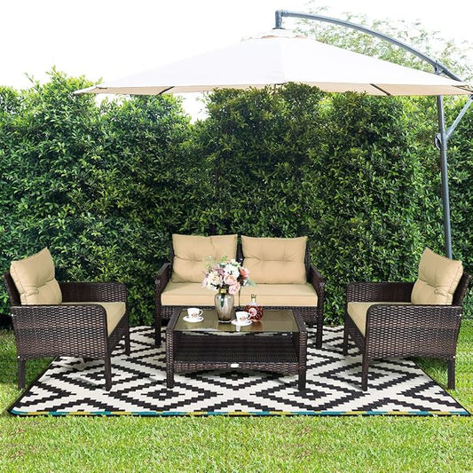 Tangkula 4 Piece Patio Furniture Set, Outdoor Wicker Conversation Set with Glass Top Coffee Table, All Weather Proof and Thick Cushions, Suitable for Porch, Garden, Poolside and Lawn (Brown)