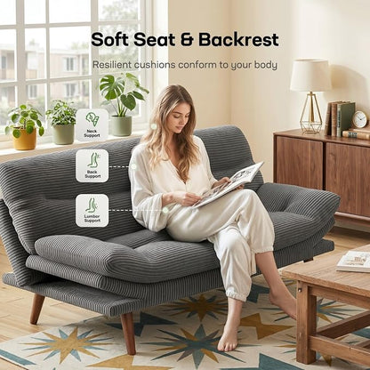 Marsail 66" Futon Sofa Bed, Convertible Corduroy Futon Couch with Adjustable Backrest & Armrests, Small Sleeper Sofa Loveseat for Living Room, Apartment, Office, Grey