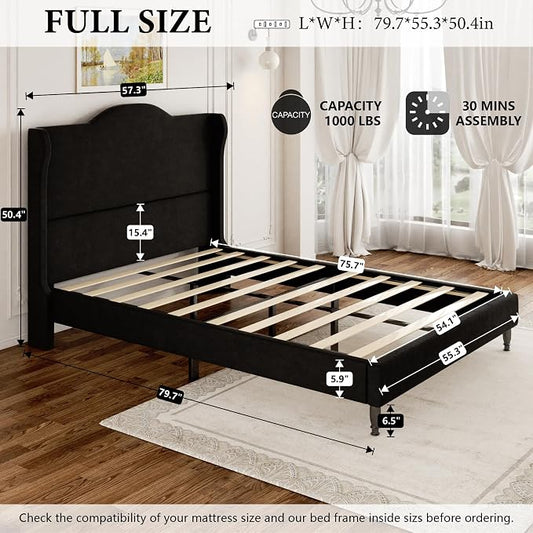 Full Size Bed Frame with Wingback Headboard, Upholstered Velvet Platform Bed Frame, Heavy Duty Wooden Slats Support, Noise-Free, No Box Spring Needed, Minimalist Style, Black