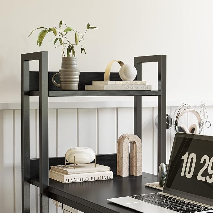 CubiCubi L Shaped Desk, 51.1 Inch Computer Corner Desk with Hutch, Storage Shelves, Writing Gaming Study Desk with Bookshelf, Black