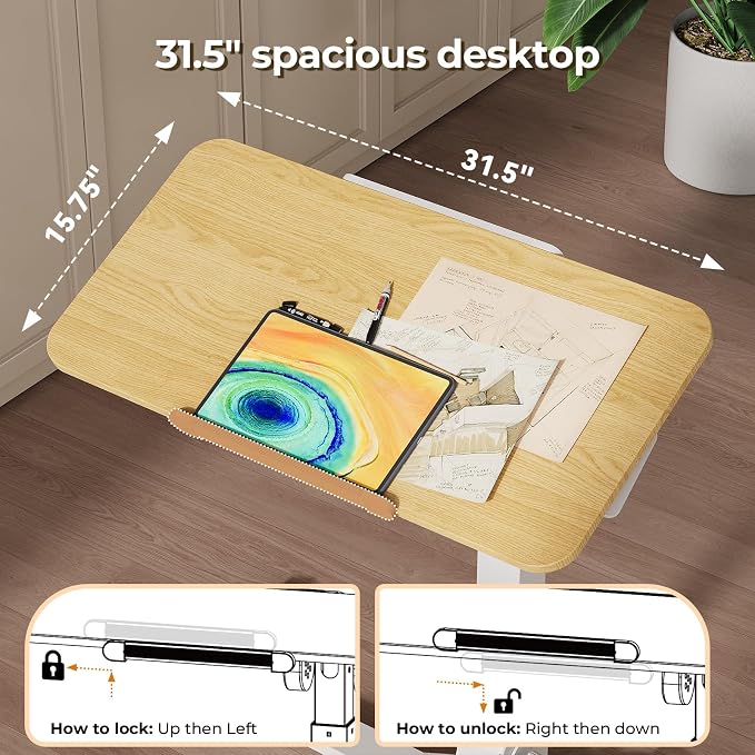 JOY worker Foldable Overbed Bedside Table, 180° Tiltable Mobile Standing Desk with Wheels, 31.5" Height Adjustable Rolling Laptop Desk for Home & Hospital Use, Easy Storage, Maple
