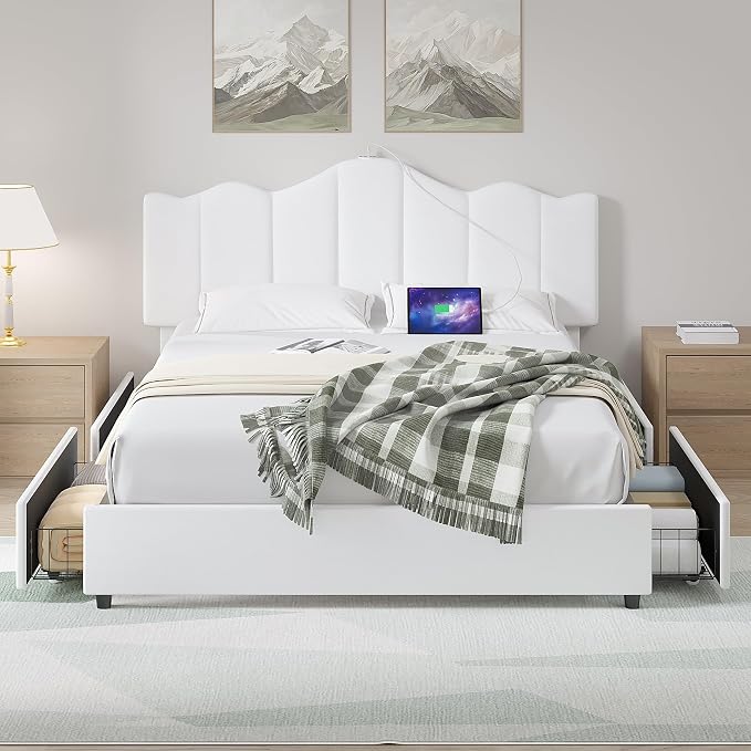 VECELO Queen Size Platform Bed Frame with Type-C & USB Charging Stations/4 Storage Drawers, Upholstered Adjustable Headboard, Strong Wooden Slats Support, No Box Spring Needed, Easy Assembly