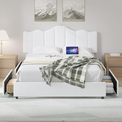 VECELO Full Size Platform Bed Frame with Type-C & USB Charging Stations/4 Storage Drawers, Upholstered Adjustable Headboard, Strong Wooden Slats Support, No Box Spring Needed, Easy Assembly