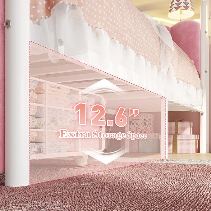 Homkdom Canopy Bed Frame Full with Upholstered Storage Headboard and Charging Station & LED Lights, 2 Oversized Drawers,Heavy-Duty Support, No Box Spring,Quiet Sleep,Easy Assembly, Pink