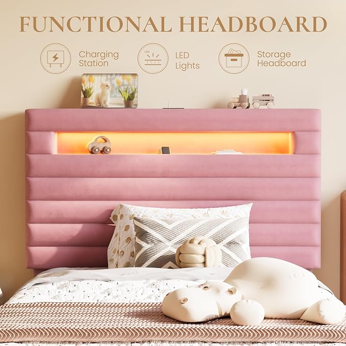 SHA CERLIN Twin Bed Frame with LED Light & 2-Tier Storage Shelf, Velvet Upholstered Adjustable Headboard with Charing Station, Horizontal Channel Tufted, No Box Spring Needed, Easy Assembly, Pink