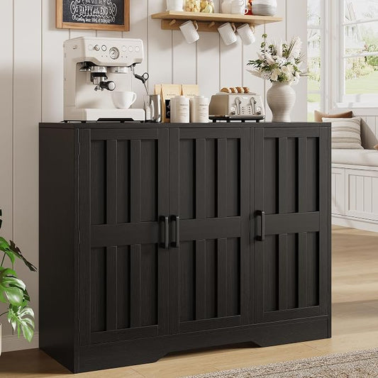 Modern Farmhouse Buffet Cabinet with Storage, 42" Large Sideboard Storage Cabinet with 3 Barn Doors, Coffee Liquor Bar Cabinet Wood Table Credenza with Adjustable Shelf for Kitchen Dining Living Room