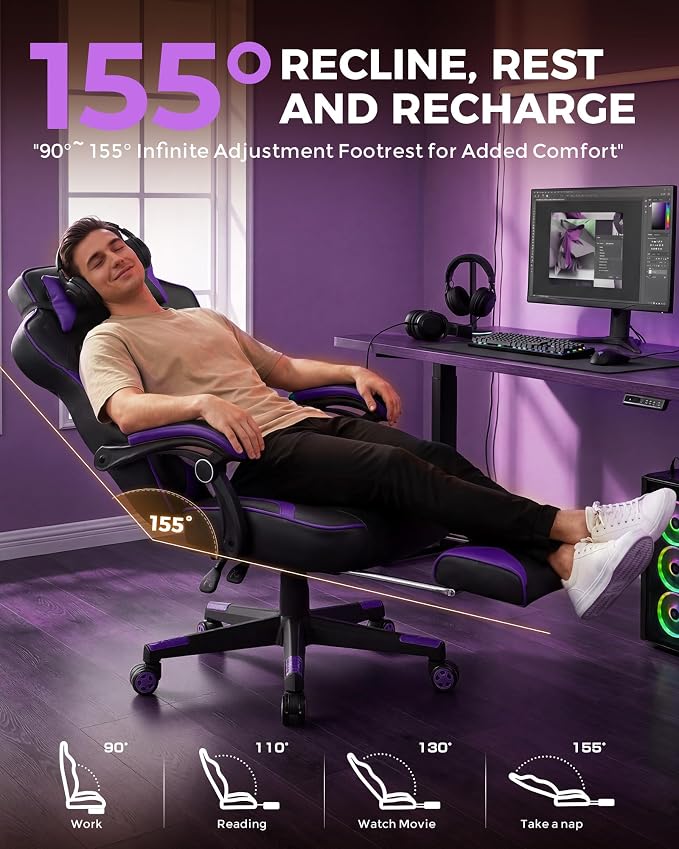 GTPLAYER Gaming Chair with Footrest, Big and Tall Game Chair 350lb Racing Style Computer Chair, Ergonomic Executive Office Chair High Back with Lumbar Support and Recliner, Purple