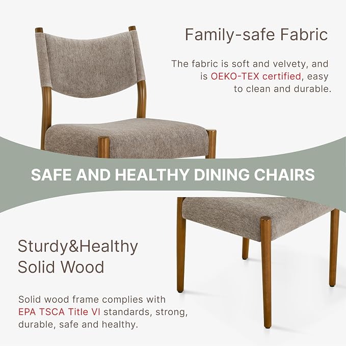 KISLOT Upholstered Dining Chairs Set of 6, Solid Wood Armless Kitchen Chairs with Soft Polyester Fabric, 18.9" Seat Height, Modern Dining Room Seating, 300 lbs Capacity, Brown