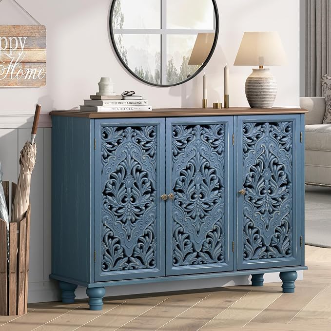 JOINICE 42.5" Accent Storage Cabinet with 3 Carved Doors,Blue & Walnut | Versatile Storage for Living Room & Dining Room & Bedroom & TV Stand, Solid Wood Legs, Farmhouse/Rustic Style, Easy Assembly