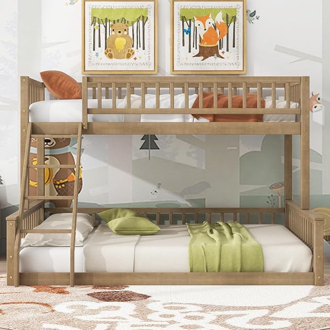 Wood Bunk Bed Twin XL Over Queen Size with Safety Guardrails, Detachable Design Floor Bunk Bed Frame for Kids Teens Boys Girls, Sturdy Slat Support (Walnut-9.30)