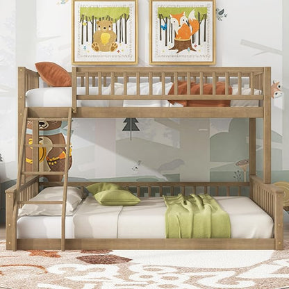 Wood Bunk Bed Twin XL Over Queen Size with Safety Guardrails, Detachable Design Floor Bunk Bed Frame for Kids Teens Boys Girls, Sturdy Slat Support (Walnut-9.30)