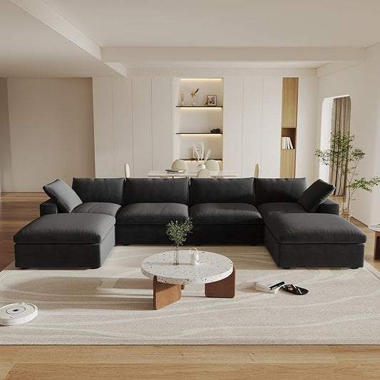 Cloud Couch Modular Sectional Sofa with 2 Storage Ottomans,160.6" U Shaped Sofa Couch,6 Seater Minimalist Wide Deep Seat Convertible Couches, Covers Washable&Replaceable,Black