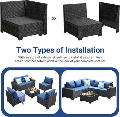 Jing's Villa 6-Piece Patio Furniture Set, All-Weather Outdoor Wicker Sectional Sofa with Cushions, Glass Table & Left and Right Armrest, Rattan Conversation Seating for Porch, Garden, Backyard,Navy