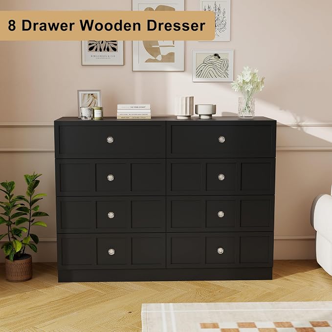8 Drawer Dresser for Bedroom: 47" Fluted Black Dresser Deep Drawers, Modern Chest of Drawers for Bedroom, Fluted Wood Dressers for Living Room, Hallway