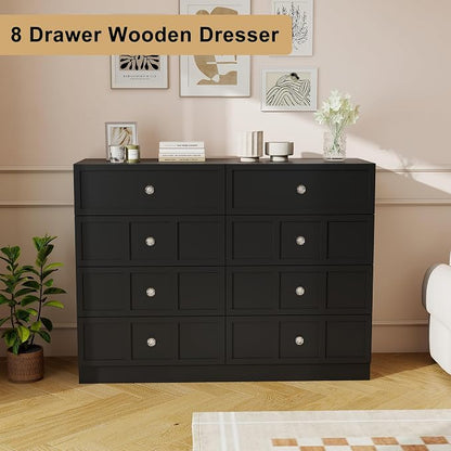 8 Drawer Dresser for Bedroom: 47" Fluted Black Dresser Deep Drawers, Modern Chest of Drawers for Bedroom, Fluted Wood Dressers for Living Room, Hallway