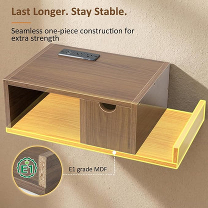 Afuly Floating Nightstand with Charging Station Wall Mounted Night Stand with Drawer Walnut Bed Side Table Wood Bedside Table Shelf Narrow Hanging Modern End Table Nightstands for Bedroom Decor