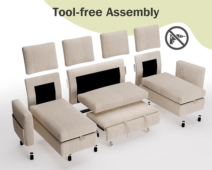 Vipbear 104" Sectional Sleeper Sofa Bed with Pull Out Bed, U Shaped Couch Pull Out Couch with Reclining Backrest, Reversible Storage Chaise, USB Ports, Tool-Free Assembly, Corduroy Beige