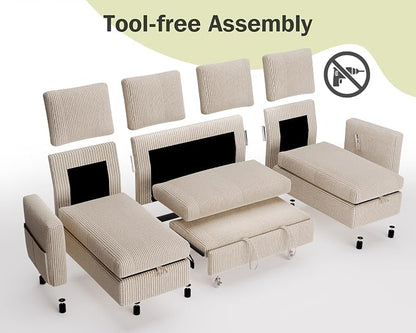 Vipbear 104" Sectional Sleeper Sofa Bed with Pull Out Bed, U Shaped Couch Pull Out Couch with Reclining Backrest, Reversible Storage Chaise, USB Ports, Tool-Free Assembly, Corduroy Beige