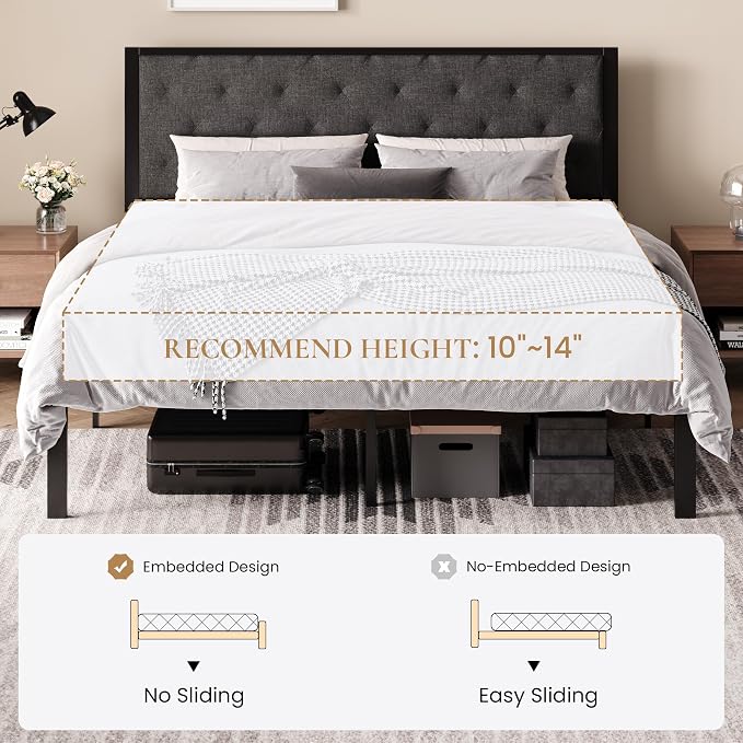 SHA CERLIN King Size Metal Bed Frame with Linen Tufted Headboard, Dark Gray | Modern Design Heavy-Duty Platform Bed, No Box Spring Need, Linen Fabric Upholstery, Noise Free, Easy Assembly