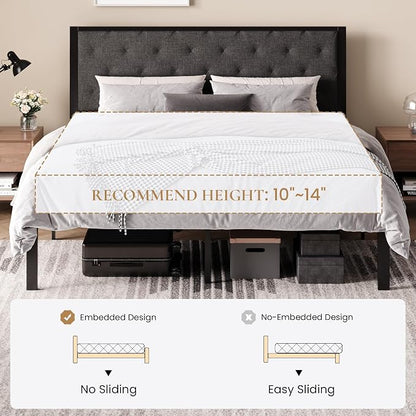 SHA CERLIN King Size Metal Bed Frame with Linen Tufted Headboard, Dark Gray | Modern Design Heavy-Duty Platform Bed, No Box Spring Need, Linen Fabric Upholstery, Noise Free, Easy Assembly