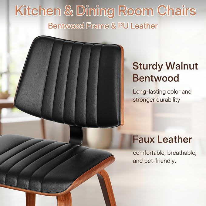 Armless Dining Chairs Set of 4, Walnut Black | Set of 4 armless chairs with ergonomic walnut bentwood back. Premium faux leather upholstery for lasting comfort