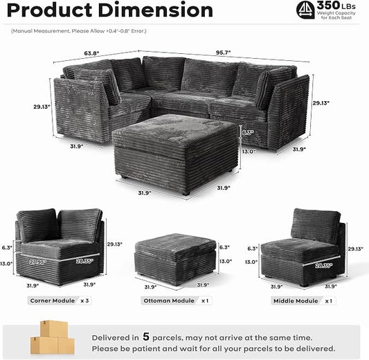ovios Modular Sectional Sofa Couch with Sofa Bed L-Shape Chaise, Comfy Plush Corduroy Cloud Couches, Modern Luxury Deep Seat Sofas Set for Living Room, 5-Seater, Grey