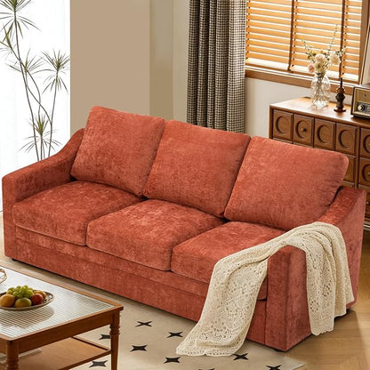 83” Chenille 3 Seats Sofa w/Comfortable Back Cushions, Orange | Modern Couch w/Deep Seat Space, Upholstered 6 Seater Sofa w/High Resiliency Foam for Living Room
