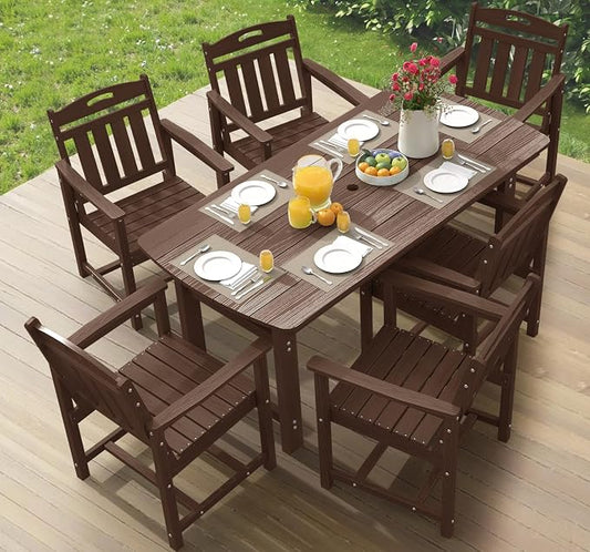 Ciokea HDPE Outdoor Dining Set, 7-Piece Patio Table and Chairs Set with Umbrella Hole, All-Weather Patio Dining Sets for 6, Durable Patio Furniture for Backyard, Garden, Lawn & Poolside, Brown
