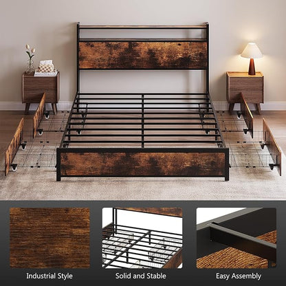 VINGLI Queen Bed Frame with 4 Storage Drawers and Headboard, Metal Platform Panel Bed with Charging Station and RGB LED Lights, No Box Spring Needed, Noise Free, Easy Assembly,Rustic Brown