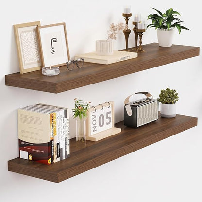 Vivelove Walnut Floating Shelves 32 Inches Long, Wall Display Shelves with Invisible Brackets, for Bathroom Living Room Kitchen Bedroom Office Farmhouse Home Decor, 32x9.3X 1.5 - Set of 2, Walnut