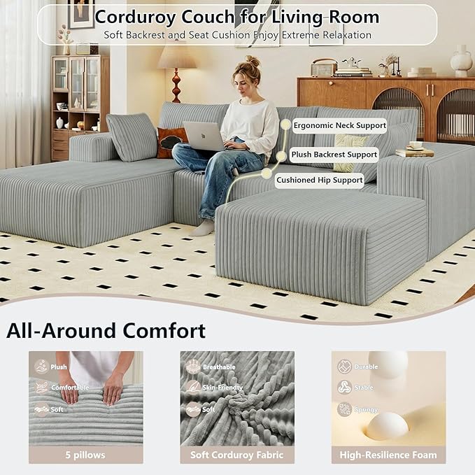 95" Cloud Sectional Couch U-Shaped Chaise with Ottoman, Corduroy Boneless Couch for Living Room Bedroom, Deep-Seat Upholstered Modular Cloud Sofa, No Assembly Required (Light Grey, Left Facing Chaise)