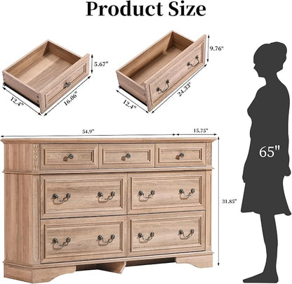 ENOUSHUFarmhouse Dresser and Nightstand Sets, 7 Drawer Dresser & 3 Drawer Nightstand Sets, 2 Pieces Rustic Wood Bedroom Furniture Set for Home, Bedroom, Hallway（Natural）