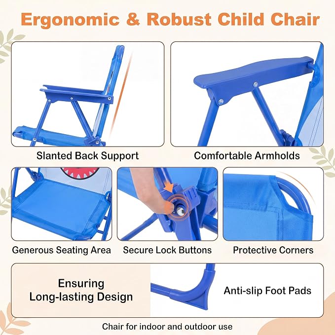 HONEY JOY Kids Picnic Table, Animal Themed Toddler Outdoor Table and Chair Set, 2 Folding Chairs & Removable Umbrella, Children Outdoor Furniture for Backyard Patio Garden (Navy Shark)
