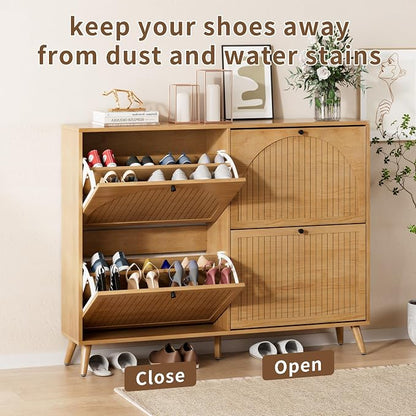 Fsbecl Shoe Storage Cabinet for Entryway with 4 Flip Drawers, Narrow Shoe Organizer with Fluted Panel, Freestanding Wood Hidden Shoe Cabinet (Wood Color, 4 Flip Drawers)