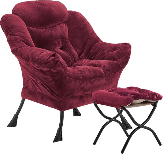 Youtanic Lazy Chair with Folding Ottoman, Accent Chair Plush Upholstered with Metal Structure and Non-Slip Pads, Sofa Armchair with Footrest and Side Storage Bag for Dorm, Room, Office, Rose Red