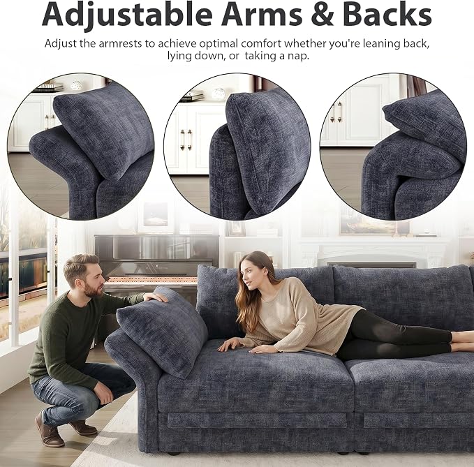 DreamDashio 159" 6-Seat L-Shaped Sectional Sofa for Living Room, Extra Large Modular Cloud Couch with Storage, Adjustable Arms & High Back, Dark Grey Chenille