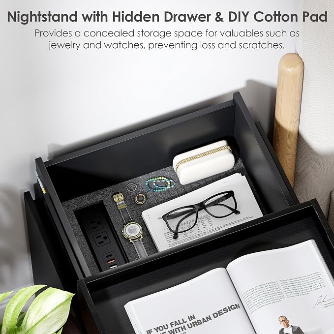 Black Nightstand Set of 2 with Charging Station, Hidden Sliding Top Compartment with USB-C, 2 USB Ports & 2 Outlets, Modern Night Stand with Drawers for Bedroom
