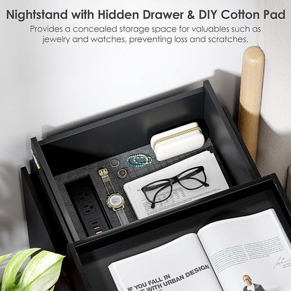 Black Nightstand with Charging Station, Hidden Sliding Top Compartment with USB-C, 2 USB Ports & 2 Outlets, Modern Night Stand with Drawers for Bedroom