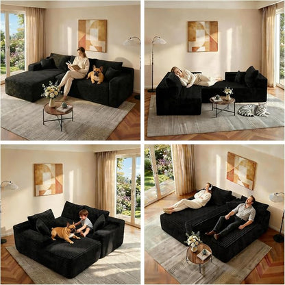 JINGLING 94" U Shaped Boneless Sectional Couch Set for Living Room, Plush Corduroy Modular Sofa with Ottoman, Small Space Apartment Couch, No Assembly, Left Facing Chaise, Black