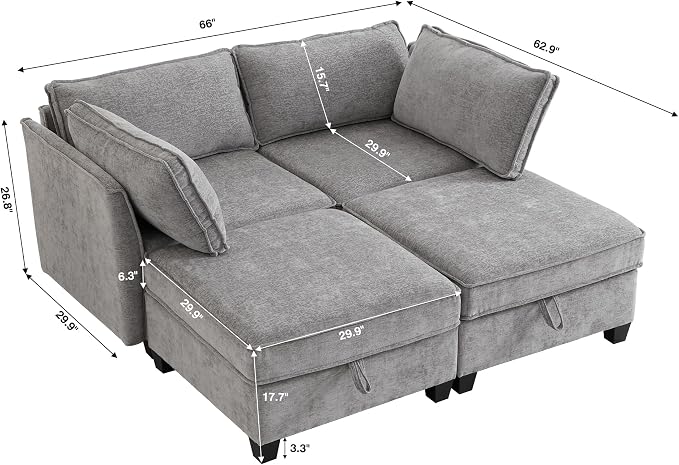 ORRD Sleeper Modular Sectional Sofa Set, Convertible Couch Bed with Storage, 4 Seater and 2 Armrestes Sofa Modular for Living Room, Office (Grey)